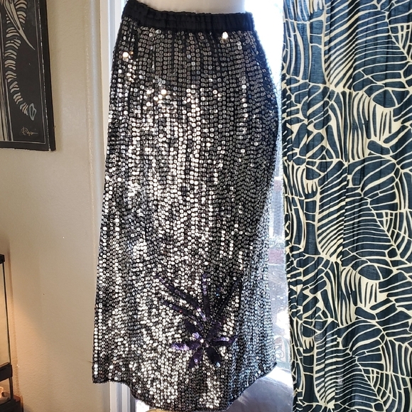 Handmade Dresses & Skirts - Sequin Midi Skirt with Black and Silver Accents